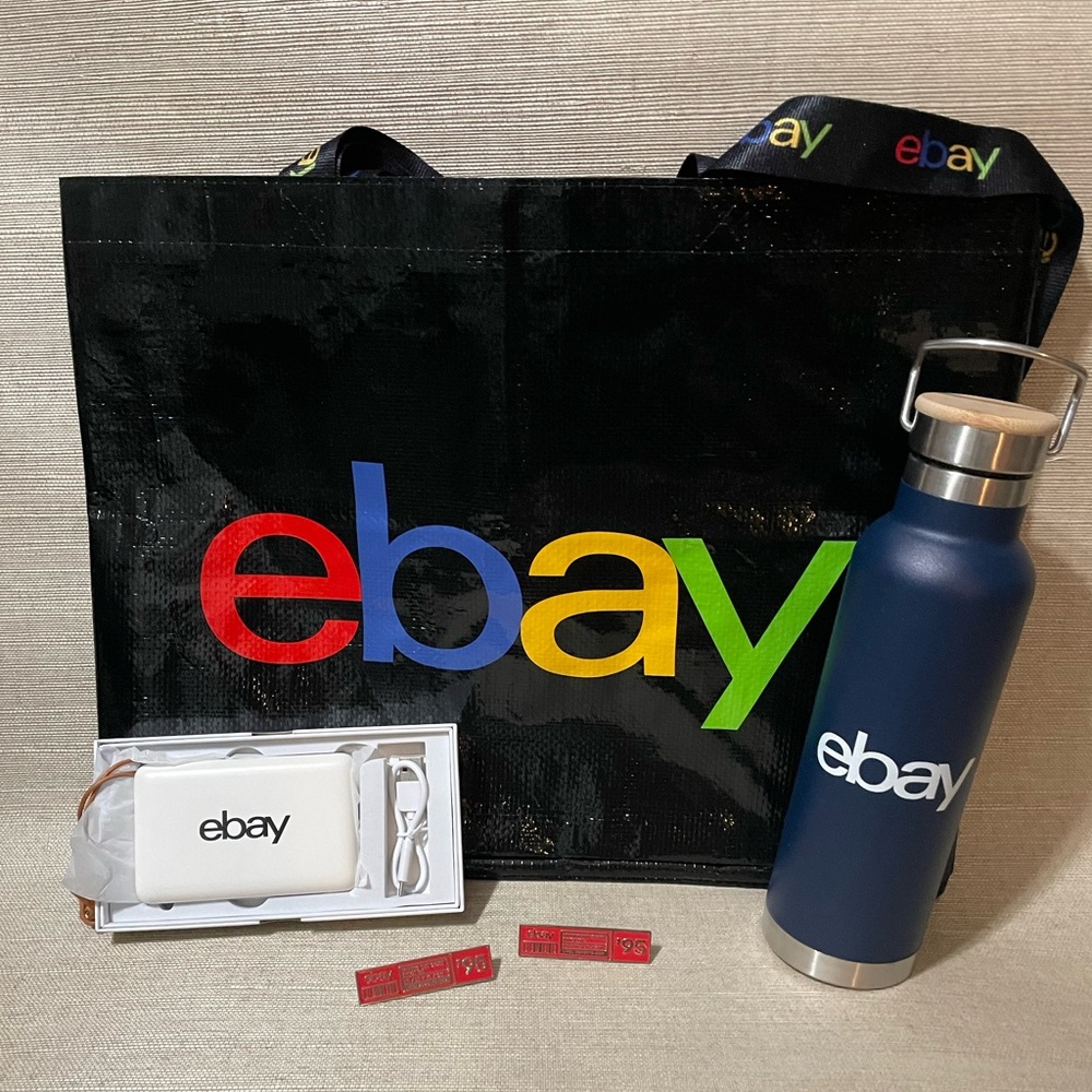 eBay Branded XL tote bag, phone battery charger, EBay pin, water bottle